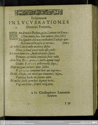 Epigramma In Lucubrationes Domini Parentis