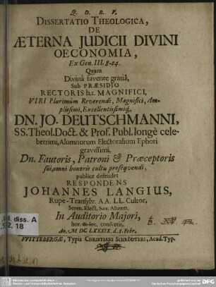 Dissertatio theologica, de aeterna judicii divini oeconomia, ex Gen. III, 8-24