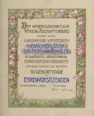 Ehrenurkunde für Professor Dr. Hermann Dingler, Aschaffenburg