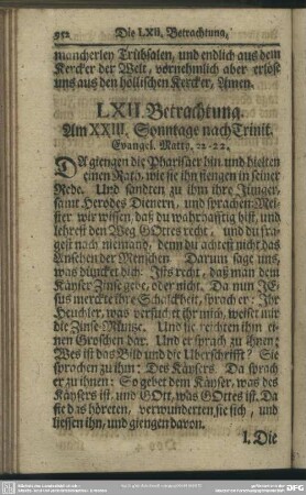 LXII. Betrachtung. Am XXIII. Sonntage nach Trinit. Evangel. Matth. 22-22 [22, 15-22]