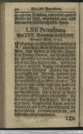 LXII. Betrachtung. Am XXIII. Sonntage nach Trinit. Evangel. Matth. 22-22 [22, 15-22]