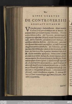Liber Quartus De Controversiis Anabaptistarum.