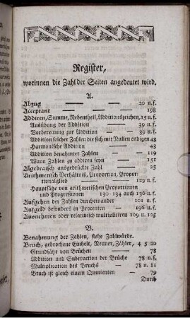 Register, worinnen die Zahl der Seiten angedeutet wird.