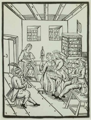 Spinnstube, Holzschnitt, um 1500
