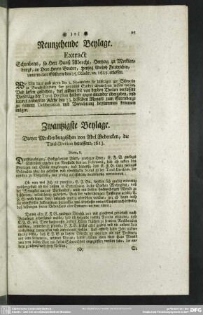 Neunzehende Beylage. Extract Schreibens, so Herr Hanß Albrecht, Hertzog zu Mecklenburgk, an Dero Herrn Bruder, Hertzog Adolph Friederichen, unterm dato Güstrow den 25. Octobr. an. 1612. erlassen