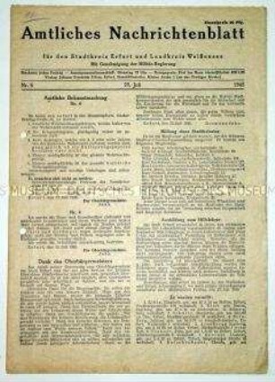 Amtliches Nachrichtenbaltt der Militärregierung für Erfurt u.a. zur Meldepflicht für deutsche Militärangehörige und zur Straßenreinigungspflicht