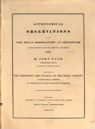 Astronomical observations made at the Royal Observatory at Greenwich. 1830 (1830/33)