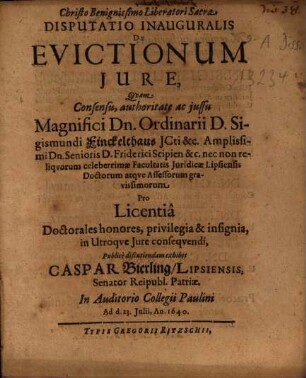 Disputatio Inauguralis De Evictionum Iure