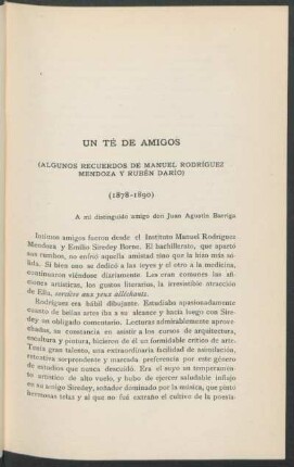 Un té de amigos : (Algunos recuerdos de Manuel Rodríguez Mendoza y Rubén Darío; 1878-1890)