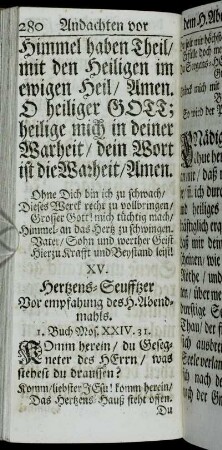 XV. Hertzens-Seufftzer vor empfahung des H. Abendmahls