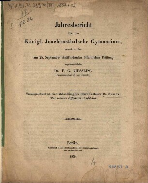 Jahresbericht über das Königl. Joachimsthalsche Gymnasium : für das Schuljahr ..., 1857/58