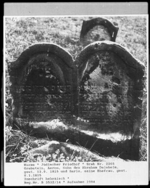 Grabstein des Aaron, Sohn des Abraham Dalsheim (gestorben 1815.09.13) und seiner Ehefrau Sarle (gestorben 1815.01.08)