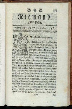 48tes Blat. Göttingen, den 27. November 1756.