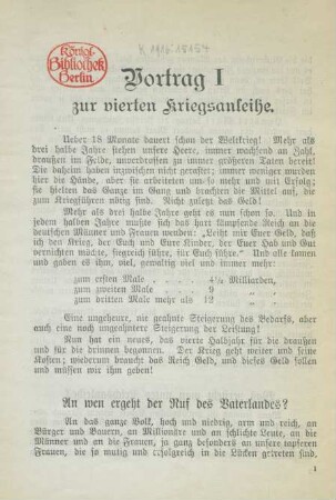 1: Vortrag zur vierten Kriegsanleihe