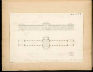 Orangerie mit Speisesaal Monatskonkurrenz Januar 1877: Grundriss Erdgeschoss, Aufriss Parkansicht; Maßstabsleiste
