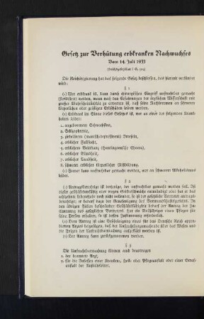 Gesetz zur Verhütung erbkranken NAchwuchses Vom 14. Juli 1933 (Recisgesetzblatt I S. 529)