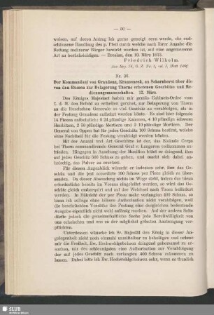 Nr. 36. Der Kommandant von Graudenz, Krauseneck, an Scharnhorst über die von den Russen zur Belagerung Thorns erbetenen Geschütze und Bedienungsmannschaften. 12. März
