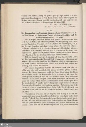 Nr. 36. Der Kommandant von Graudenz, Krauseneck, an Scharnhorst über die von den Russen zur Belagerung Thorns erbetenen Geschütze und Bedienungsmannschaften. 12. März