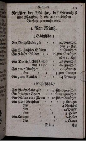 Register der Müntze, des Gewichts und Maaßes.
