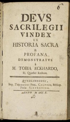 Deus Sacrilegii Vindex Ex Historia Sacra & Profana