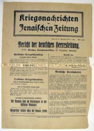 Nachrichtenblatt der "Jenaischen Zeitung" mit Meldungen von verschiedenen Kriegsschauplätzen