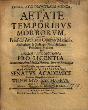 Dissertatio Inavgvralis Medica, De Aetate Et Temporibvs Morborvm