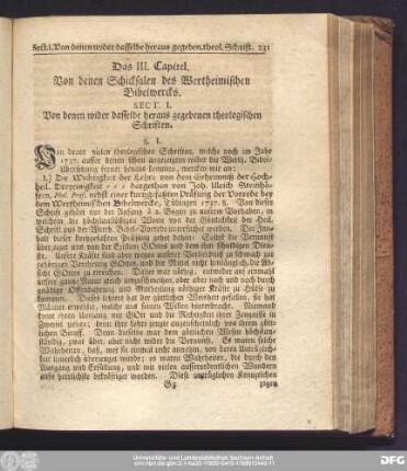 Das III. Capitel. Von denen Schicksalen des Wertheimischen Bibelwercks.