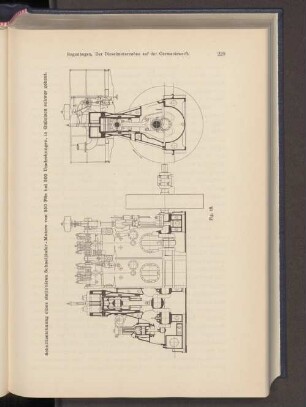 Schnittzeichnung eines stationären Schnelläufer-Motors von 250 PSe bei 300 Umdrehungen, in Gußeisen schwer gebaut.