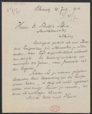 Brief an B. Schott's Söhne : 30.07.1914