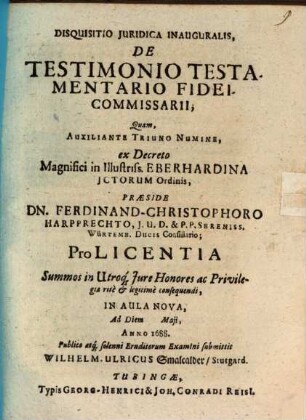 Disquisitio iuridica inauguralis, de testimonio testamentario fideicommissarii