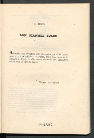 [Dedicatoria] Al tenor Don Manuel Soler