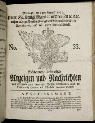 No. 33. Montags, den 12ten August 1771.
