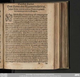 Das Erste Capittel. Vom Herren oder Regenten dieses 1596. Jahrs/ seiner und der andern Planeten gewalt und wirckungen uber die Menschen.