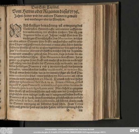 Das Erste Capittel. Vom Herren oder Regenten dieses 1596. Jahrs/ seiner und der andern Planeten gewalt und wirckungen uber die Menschen.