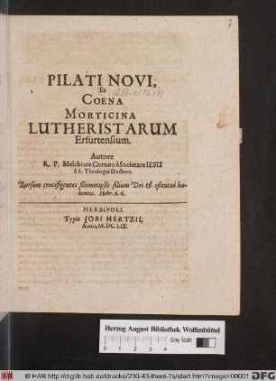 Pilati Novi, Et Coena Morticina Lutheristarum Erfurtensium