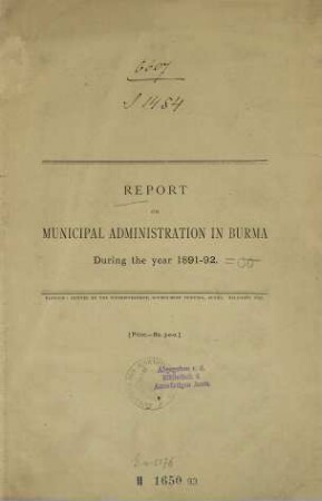 Report on municipal administration in Upper Burma during the year ... 1891/92