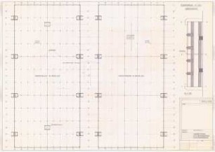 Zweigeschossige Industriefertigungshalle Schinkelwettbewerb 1985: Fugenführung, Stützen- und Achsenanordnung. Grundriss 1:200