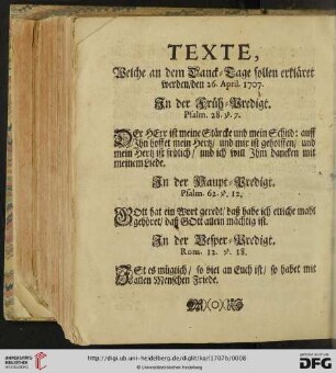 Texte, welche an dem Danck = Tage sollen erkläret werden, den 26. April 1707