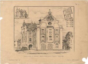 Hocheder, Karl; München; Feuerwehrhaus mit Brausebad und Wohngebäude - Grundriss, Perspektiven