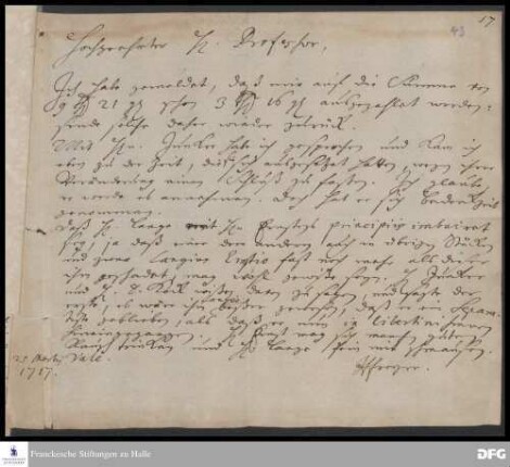 Brief von Hieronymus Freyer an August Hermann Francke.