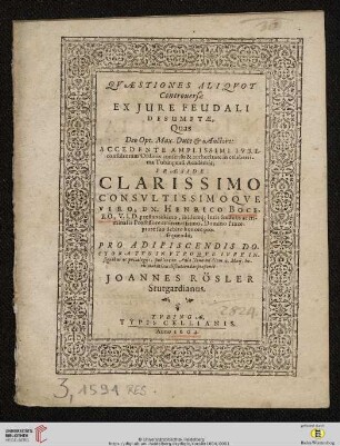 Qvæstiones Aliqvot Controuersæ Ex Jure Feudali Desumptæ