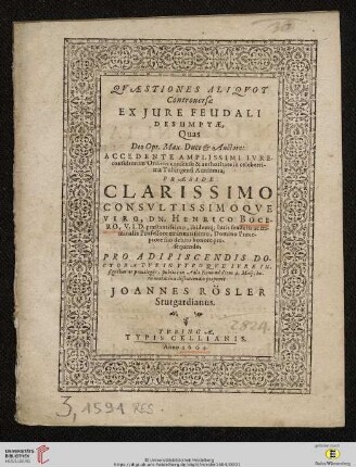 Qvæstiones Aliqvot Controuersæ Ex Jure Feudali Desumptæ