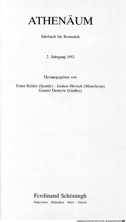 Athenäum : Jahrbuch der Friedrich Schlegel-Gesellschaft. 2, 2. 1992