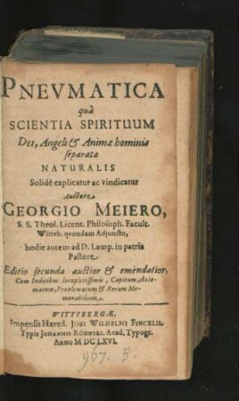 Pneumatica qua Scientia Spirituum Dei, Angeli & Animae hominis separatae Naturalis