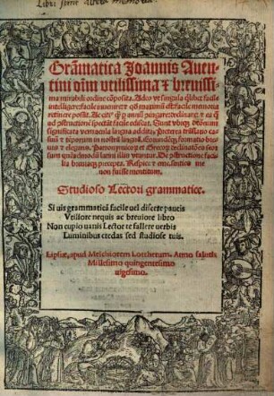 Grammatica Ioannis Aventini omnium utilissima et brevissima ...