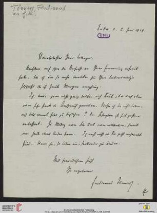 Brief von Ferdinand Tönnies an Gustav Radbruch