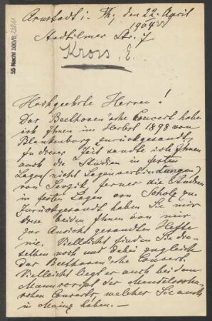 Brief an B. Schott's Söhne : 22.04.1904