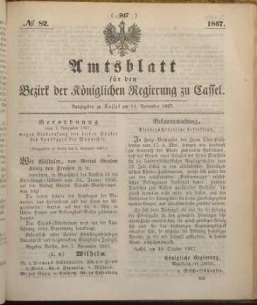 № 82. Ausgegeben zu Cassel am 11. November 1867.