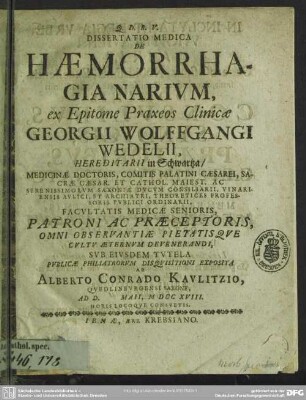Dissertatio Medica De Haemorrhagia Narium