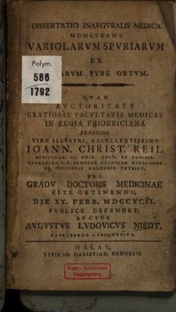 Dissertatio Inauguralis Medica Monstrans Variolarum Spuriarum Ex Verarum Pure Ortum